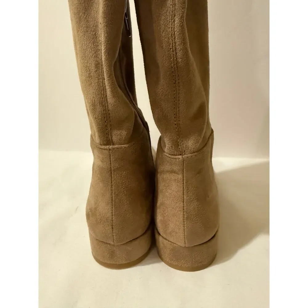 Chinese Laundry King Tan Taupe Suede Over The Knee OTK Tie Top Boots 6.5 NWOB